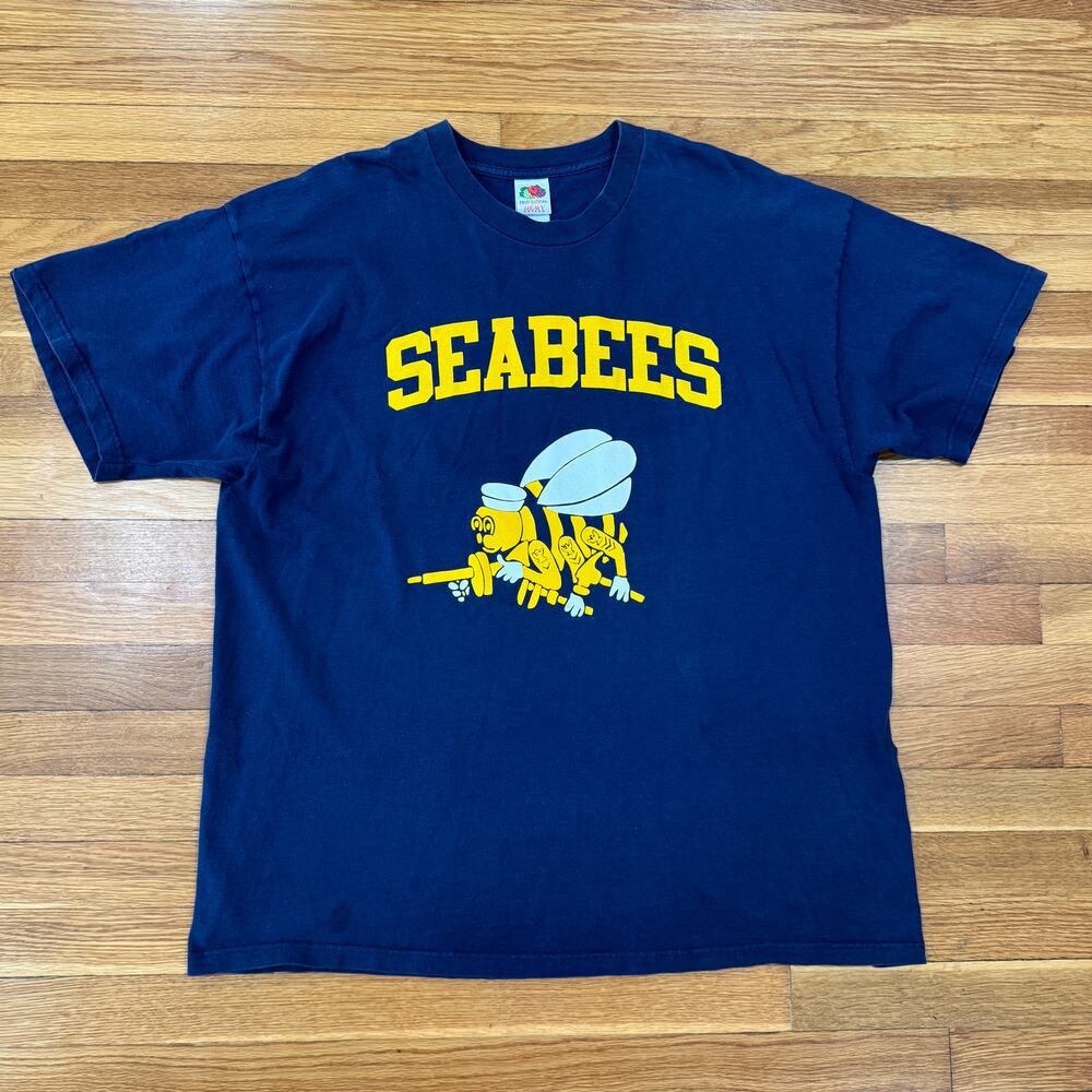 Vintage US Navy T-Shirt Seebees Mens 2XL Blue Yellow 90's Millitary